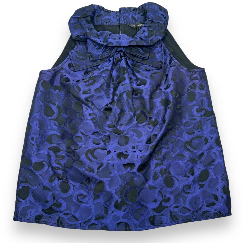 Stโ John Blouse Top Women's 2 P Blue Black Acetate Pullover Sleeveless Front Bow